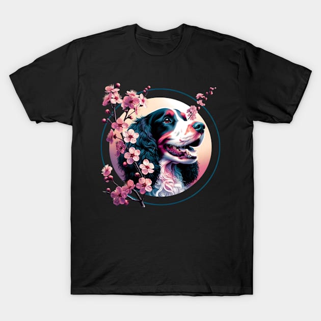 Joyful Irish Water Spaniel Amidst Spring Cherry Blossoms T-Shirt by ArtRUs